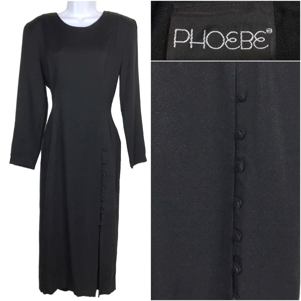 Vintage Black Dress Shoulder Pads Buttoned Slit